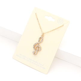 Rhinestone Embellished Metal Treble Clef Pendant Necklace