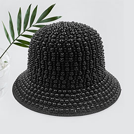 Pearl Rhinestone Embellished Straw Bucket Hat