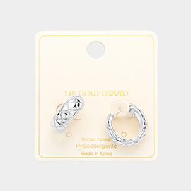 White Gold Dipped Brass Metal Patterned Huggie Hoop Earrings