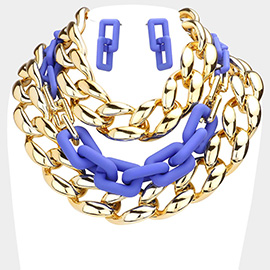 Chain Colored Open Rectangle Link Triple Layered Necklace