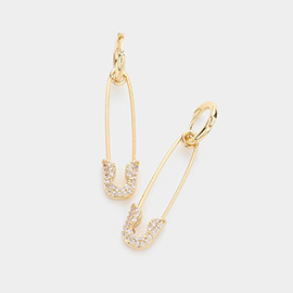 Brass Metal CZ Embellished Safety Pin Dangle Earrings