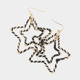 Raffia Wrapped Double Open Metal Star Link Dangle Earrings