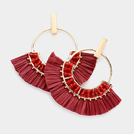 Open Circle Raffia Fringe Dangle Earrings