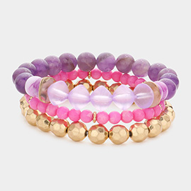 3PCS - Semi Precious Stone Metal Ball Stretch Bracelets