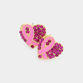 Enamel Pink Ribbon Accented Rhinestone Embellished Heart 
Stud Earrings