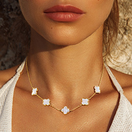 Gold Dipped Mother of Pearl Quatrefoil Station Necklace