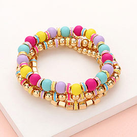 4PCS - Wood Ball Metal Beaded Stretch Bracelets