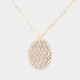 Rhinestone Embellished Metal Oval Pendant Necklace