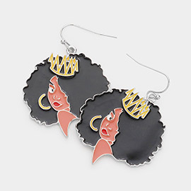 Enamel Metal Afro Girl Dangle Earrings