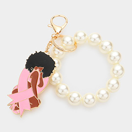 Pink Ribbon Afro Girl Pearl Stretch Keychain / Bracelet