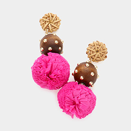 Wood Raffia Ball Dangle Earrings