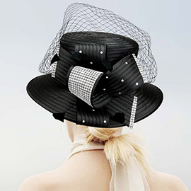 Feather Crystal Detail Bow Mesh Metallic Satin Dressy Hat