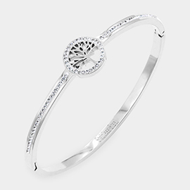 CZ Embellished Tree of Life Stainless Steel Bangle Evening Bracelet