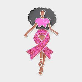 Pink Ribbon Accented Enamel Metal Afro Girl Pin Brooch