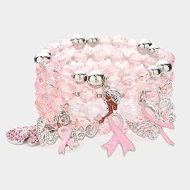 4PCS - Pink Ribbon Pointed Glove Afro Girl Angel Wing Hope Message Afro Girl Charm Faceted Beaded Stretch Bracelets