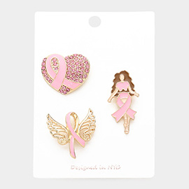 3PCS - Pink Ribbon Pointed Heart Angel Wings Afro Girl Pin Brooches