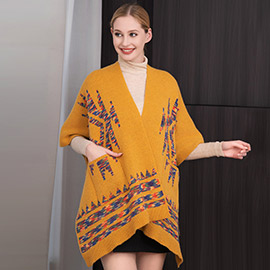 Boho Patterned Front Pockets Poncho