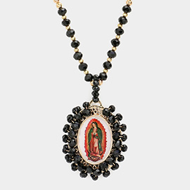 Virgin Mary Cross Printed Faceted Bead Cluster Pendant Long Necklace