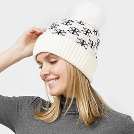 Snowflake Patterned Faux Fur Lining Knit Pom Pom Beanie Hat