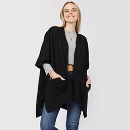 Solid Knit Front Pockets Vest Poncho