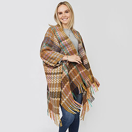 Zigzag Chevron Patterned Tassel Poncho