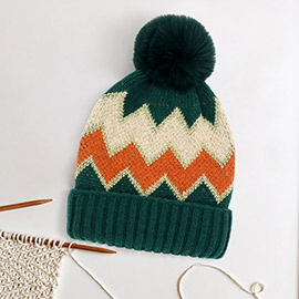 Zigzag Chevron Patterned Fuzzy Fleece Pom Pom Beanie Hat