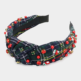 Christmas Socks Pearl Stone Embellished Knot Burnout Check Patterned Headband