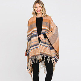 Aztec Patterned Fringe Ruana Poncho