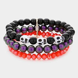 Skull Pointed Triple Layered Beaded Stretch Bracelet