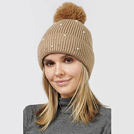 Pearl Embellished Lining Knit Pom Pom Beanie Hat