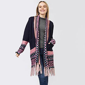 Ethnic Patterned Front Pocket Sweater Cardigan