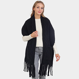 Solid Knit Pockets Tassel Oblong Scarf