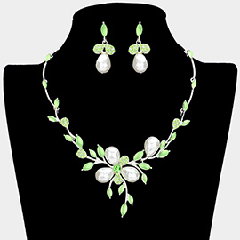 Teardrop Pearl Accented Leaf Cluster Necklace