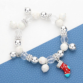 3D Enamel Christmas Socks Charm Beaded Stretch Bracelet