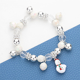 3D Enamel Metal Snowman Charm Beaded Stretch Bracelet