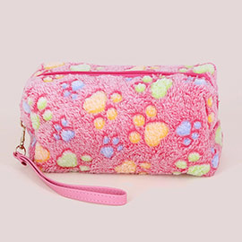 Paw Patterned Faux Fur Wristlet Pouch Bag