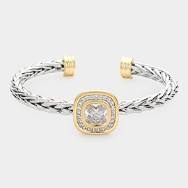 CZ Cushion Square Stone Accented Cuff Bracelet