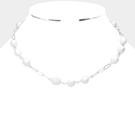 Pearl Open Metal Oval Link Necklace