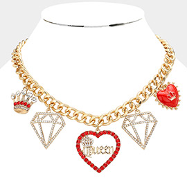 Crown Diamond Queen Message Heart Link Necklace