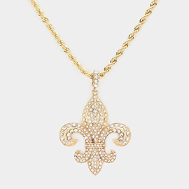 Rhinestone Embellished Fleur de Lis Pendant Necklace