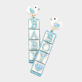 Glittered Chick Baby Boy Message Dangle Earrings