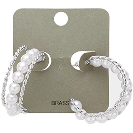 Pearl Detailed Brass Metal Split Hoop Earrings