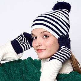 Two Tone Striped Pom Pom Beanie Hat