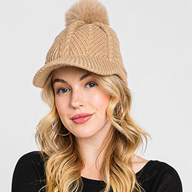 Chevron Patterned Faux Fur Pom Pom Knit Cap