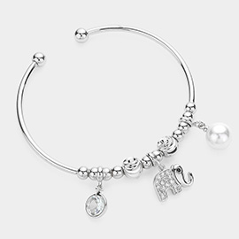 CZ Round Stone Elephant Pearl Charm Cuff Bracelet