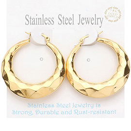 18K Gold Dipped Stainless Steel 1.6 Inch Textured Metal Hoop Pin Catch Earrings