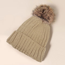 Solid Knit Faux Fur Pom Pom Beanie Hat