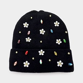 Fleece Lining Daisy Flower Stone Embellished Solid Knit Beanie Hat