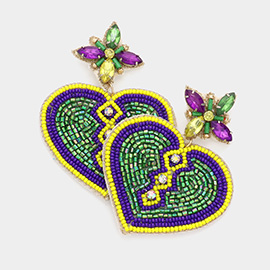 Mardi Gras Felt Back Beaded Heart Dangle Earrings