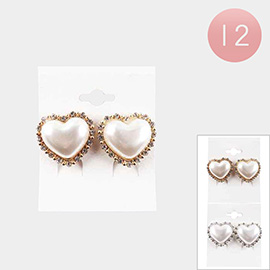 Rhinestone Trimmed Heart Pearl Clip on Earrings